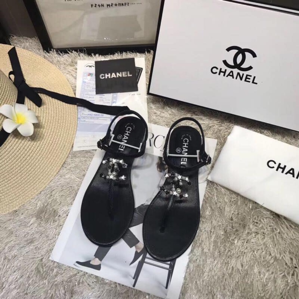 New Women Black Strap Chanel Sandals Size 5 1/2 to